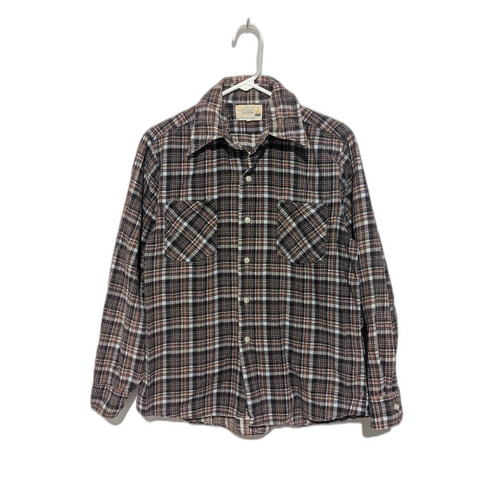 Vintage Sail For Sears Cotton Flannel Shirt S/M Blue Brown Plaid Wing Collar